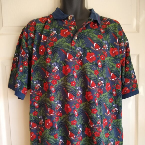 90s Tabasco Polo Shirt blue with red with hibiscus flowers - Picture 1 of 5